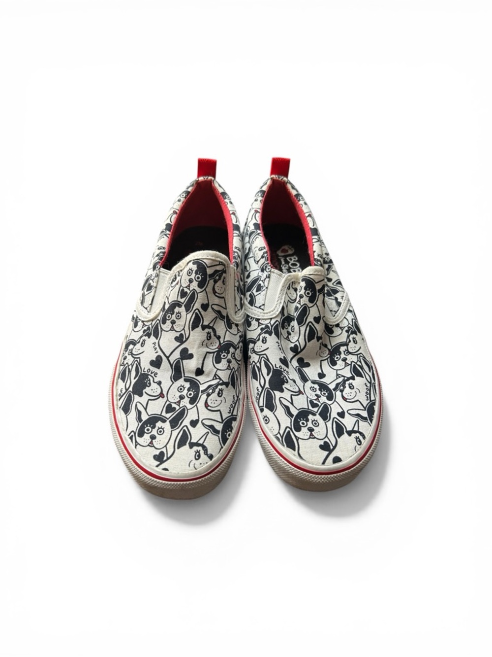 BOBS Women’s Size 7 Slip-On Canvas Sneakers with Black Cartoon Dog Print